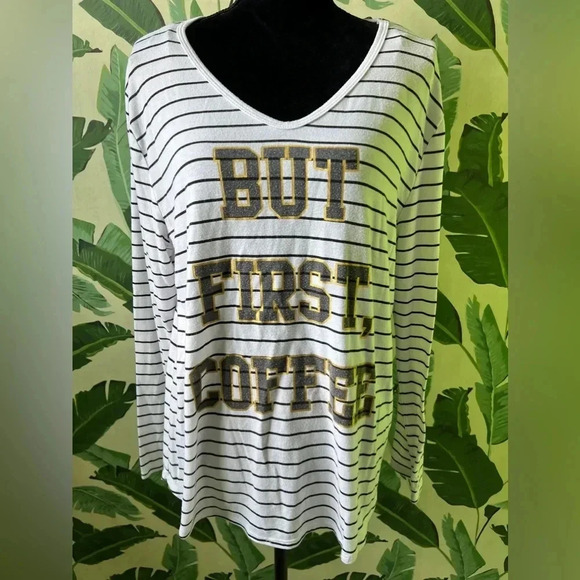 Fifth Sun But First Coffee Striped Graphic Long Sleeve Oversized Top Size M - Picture 2 of 5